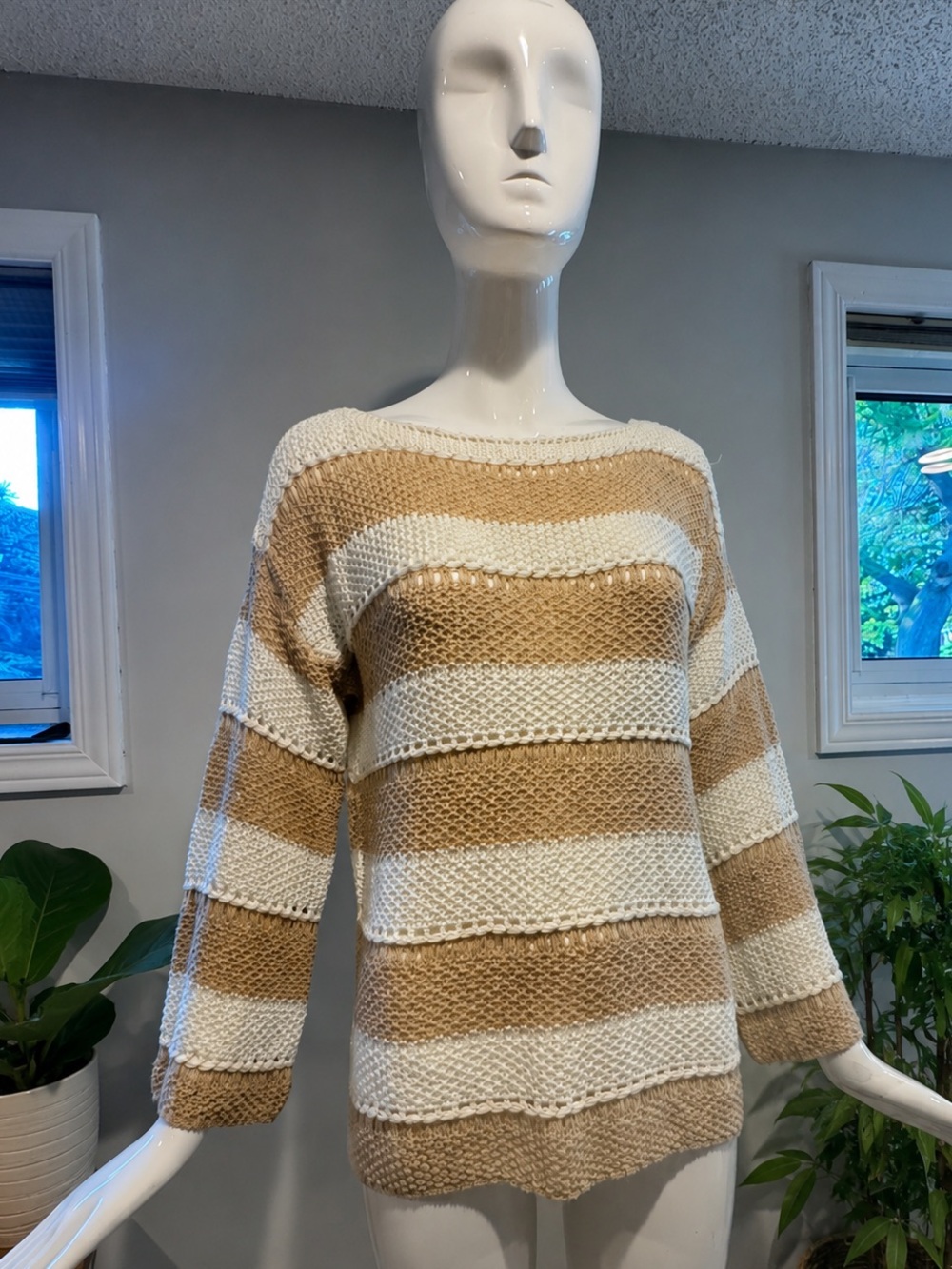 Bishop + Young Open Knit Stripe Sweater Beige Cream Boat Neck Size M